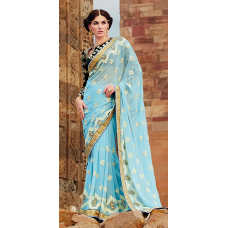 Exquisite Sky Blue Colored Embroidered Faux Georgette Saree 